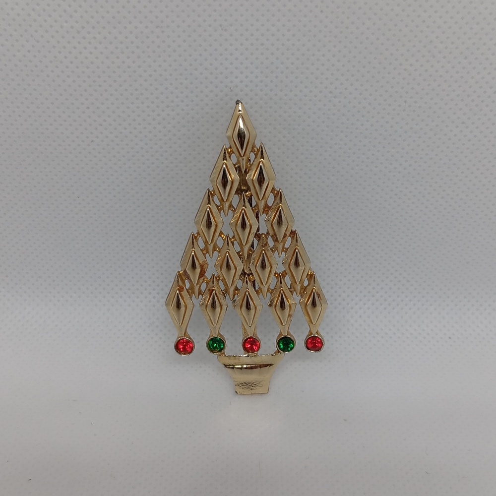 Rare Vtg Art Deco Trancer II Diamond Shape Christmas Tree Brooch with Ornament